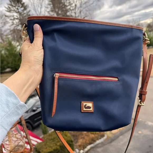 Dooney & Bourke Navy Blue with Tan Nylon Crossbody Hobo Bag.   NWOT - Picture 2 of 8
